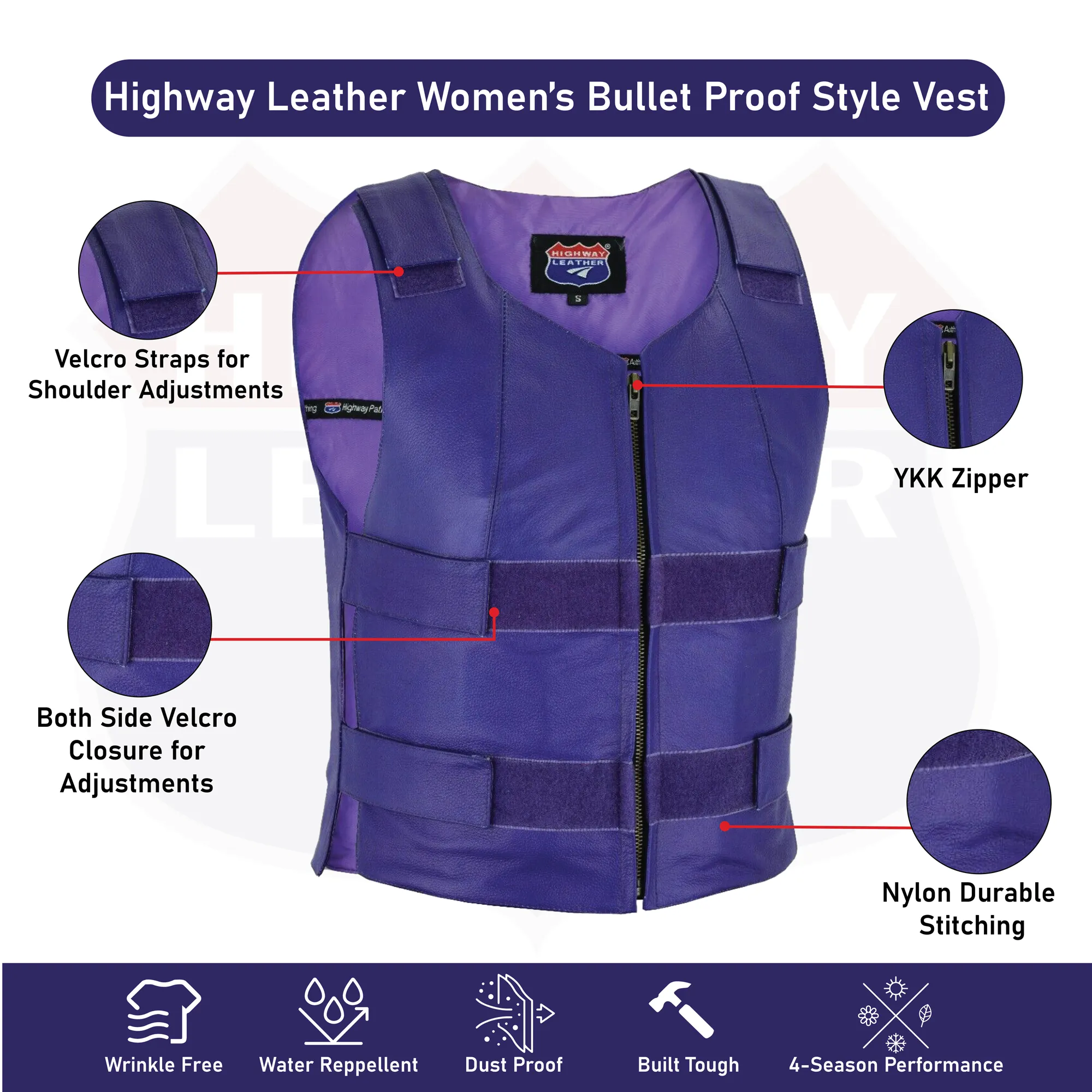 WOMEN PURPLE BULLET PROOF LEATHER VEST - PURPLE Shade # 56 (Passionate Purple)