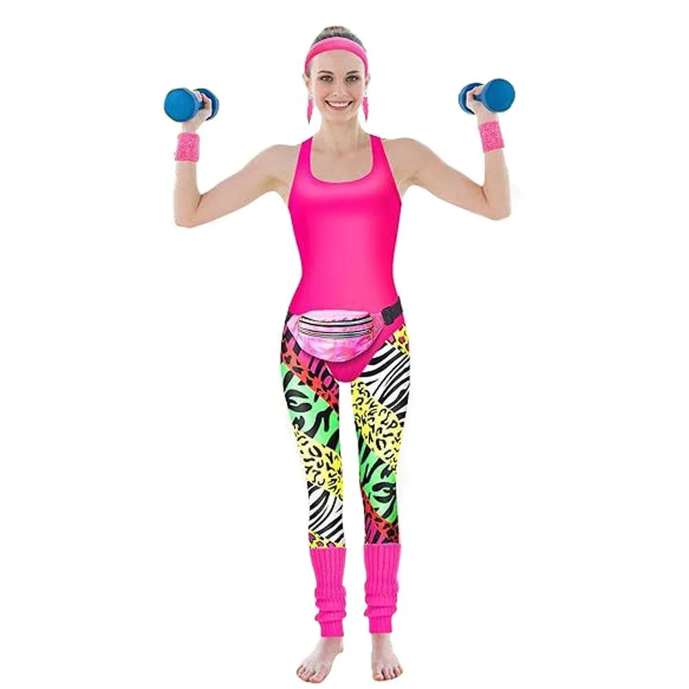 Women Robbie 80s Workout Costume Halloween With Headband Fanny Pack Wristband Earrings