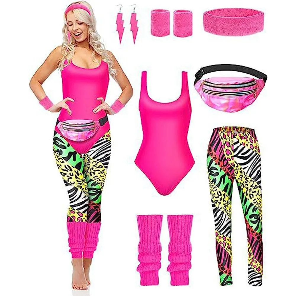 Women Robbie 80s Workout Costume Halloween With Headband Fanny Pack Wristband Earrings