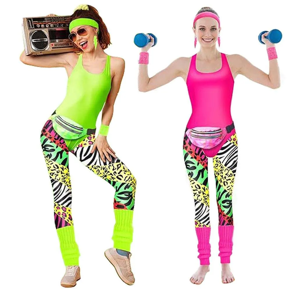 Women Robbie 80s Workout Costume Halloween With Headband Fanny Pack Wristband Earrings