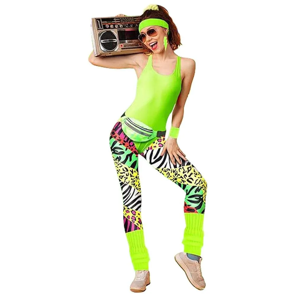 Women Robbie 80s Workout Costume Halloween With Headband Fanny Pack Wristband Earrings