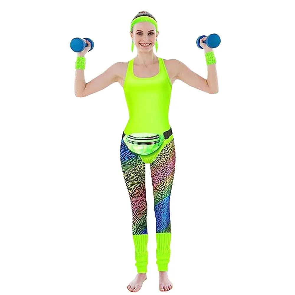 Women Robbie 80s Workout Costume Halloween With Headband Fanny Pack Wristband Earrings