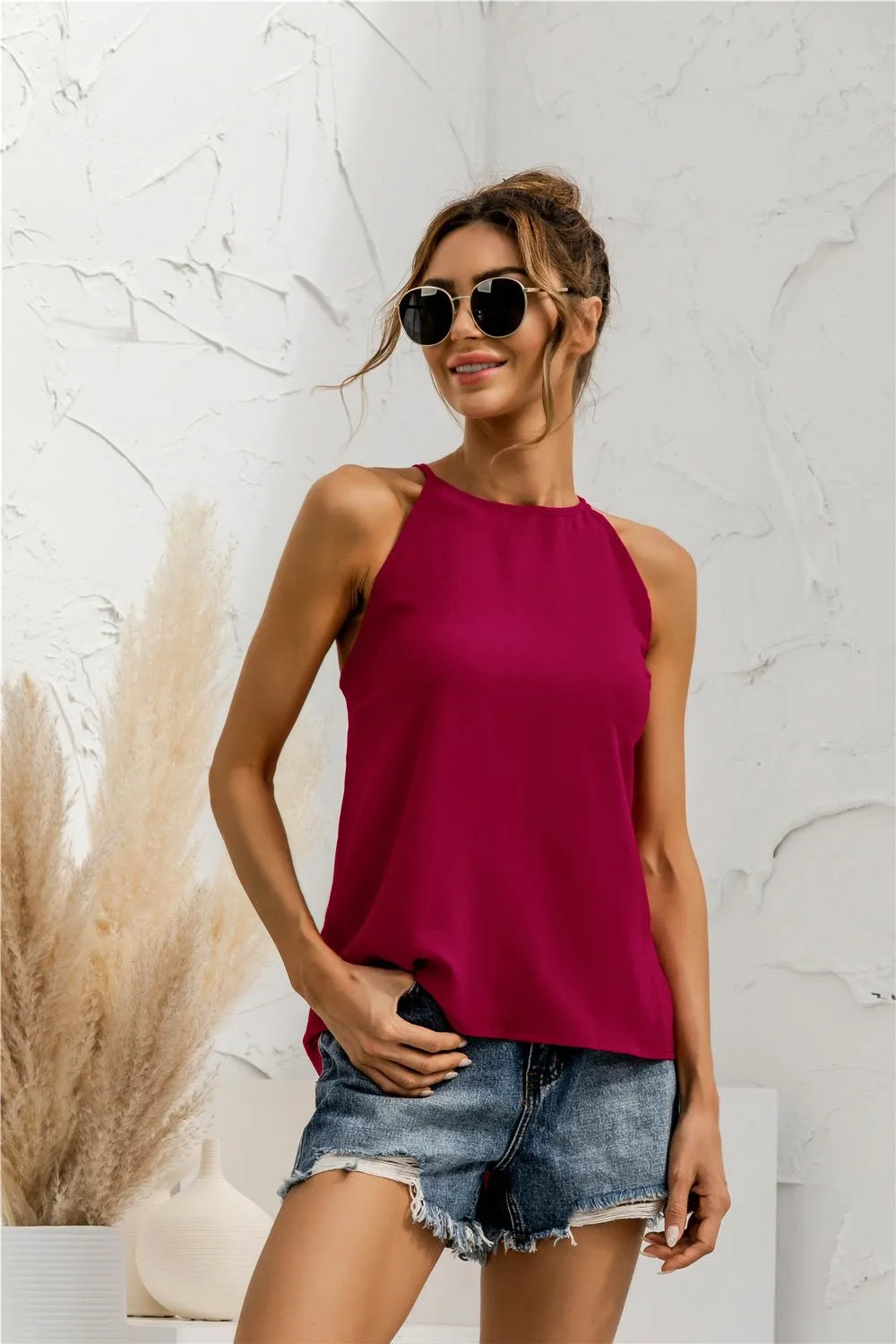 Women Summer T-Shirt Sleeveless Halter Solid Color