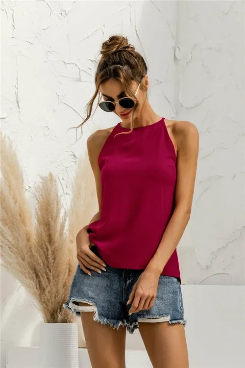 Women Summer T-Shirt Sleeveless Halter Solid Color