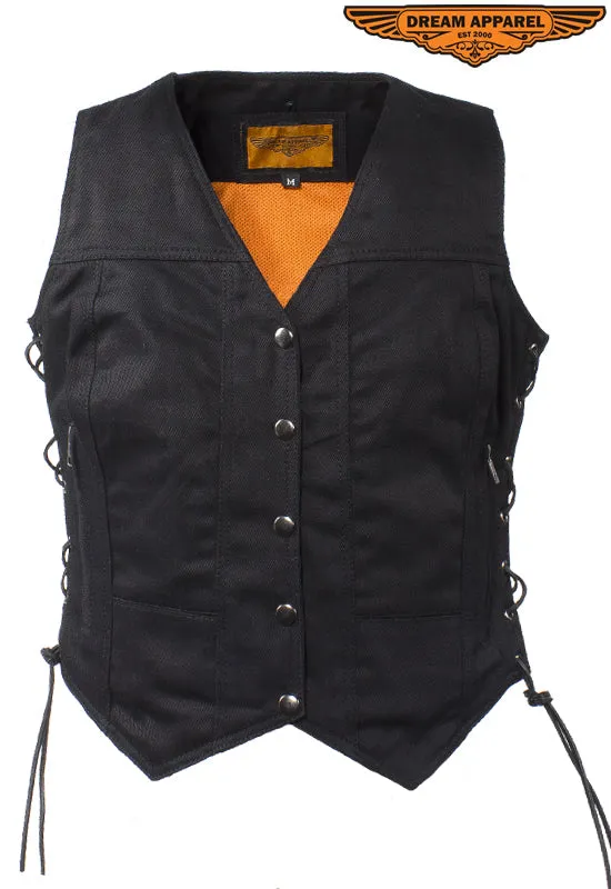 Womens Black Denim Motorcycle Vest With Side Laces