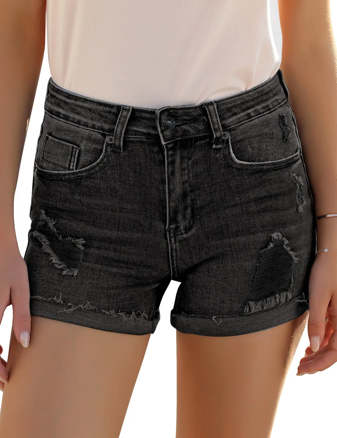 Women's Casual High Waist Ripped Frayed Raw Hem Denim Jeans Shorts