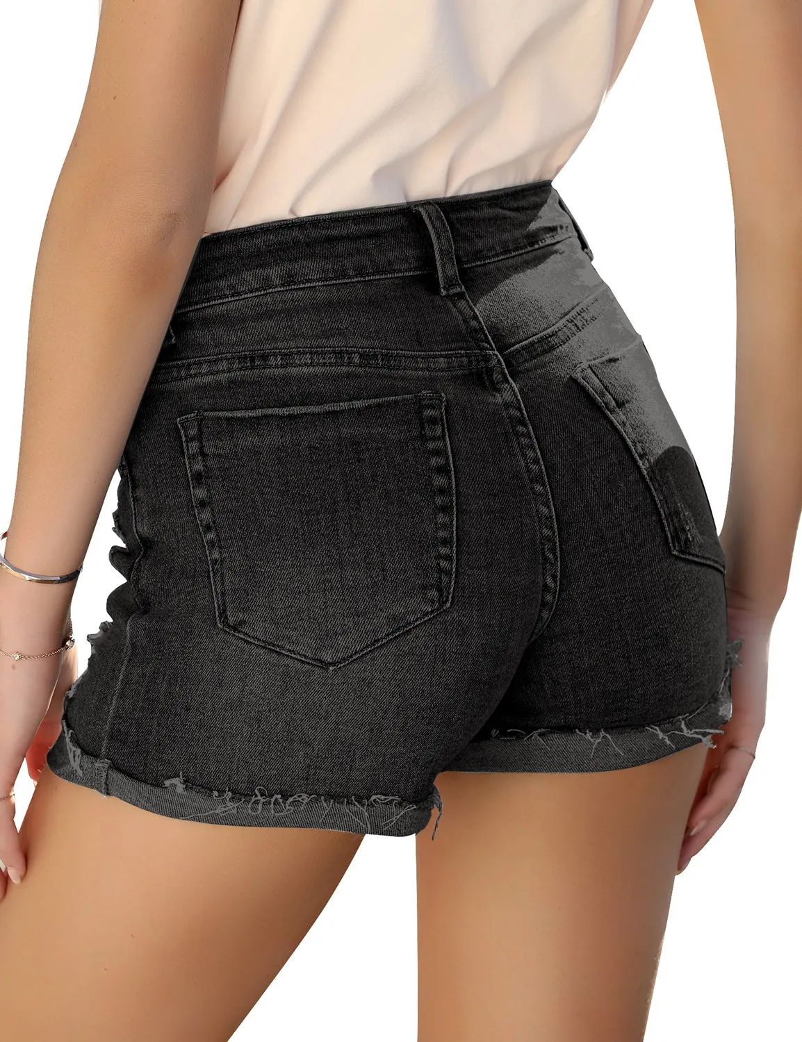 Women's Casual High Waist Ripped Frayed Raw Hem Denim Jeans Shorts