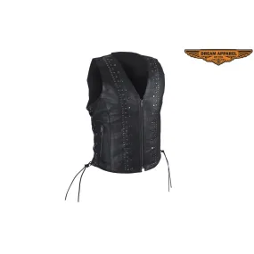 Womens Leather Motorcycle Vest With Satin Nickel Studs