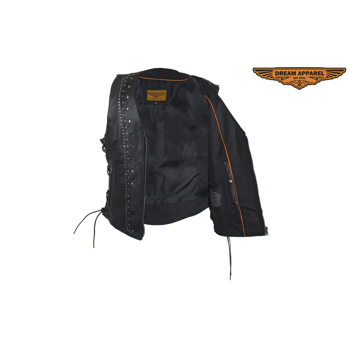 Womens Leather Motorcycle Vest With Satin Nickel Studs