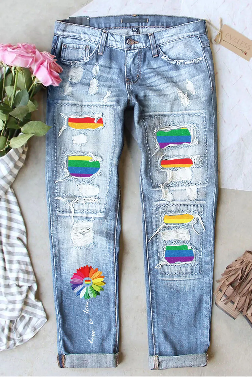 Womens Ripped Rainbow Striped Jeans Patchwork Jeans Destroyed Denim Pants