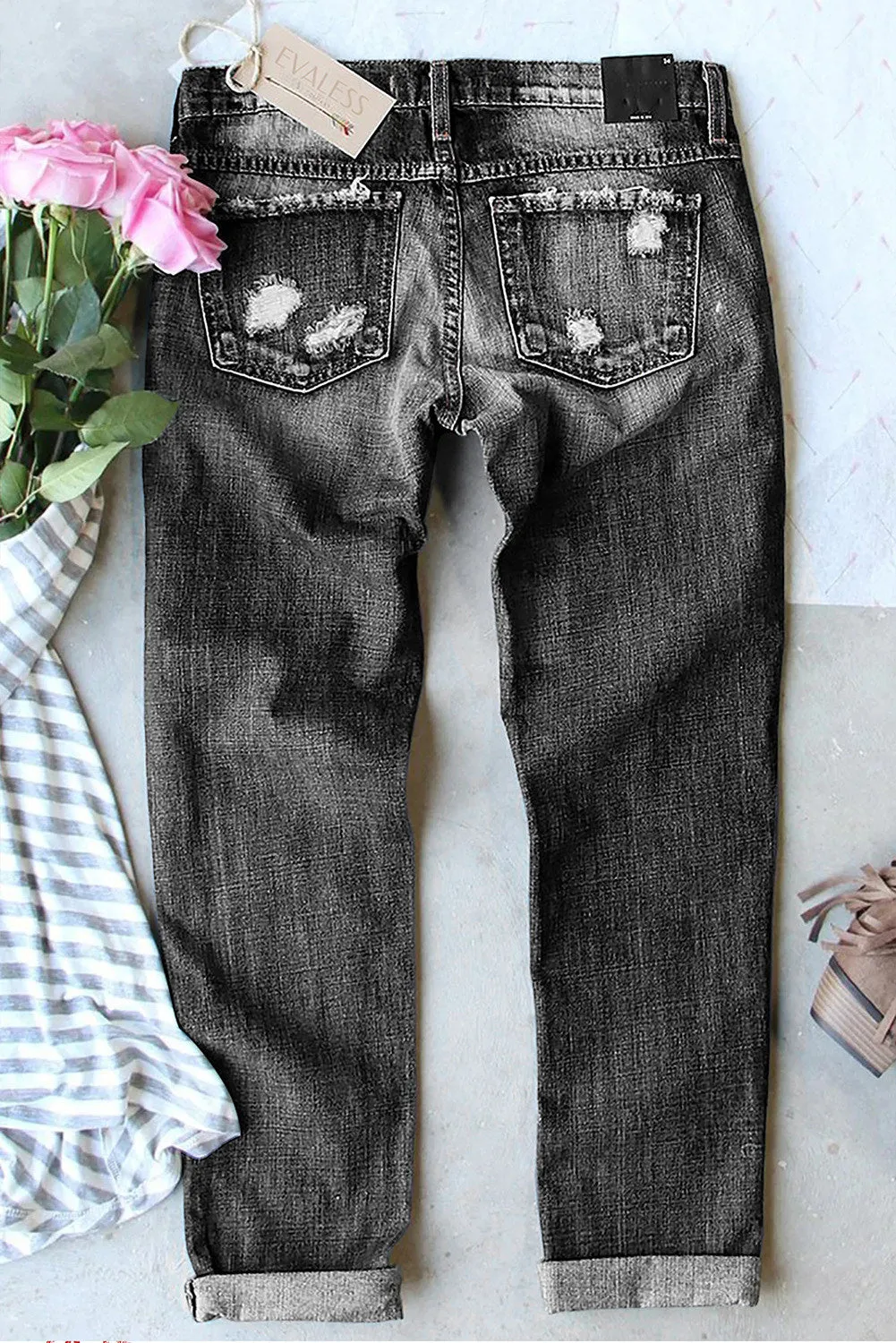 Womens Ripped Rainbow Striped Jeans Patchwork Jeans Destroyed Denim Pants