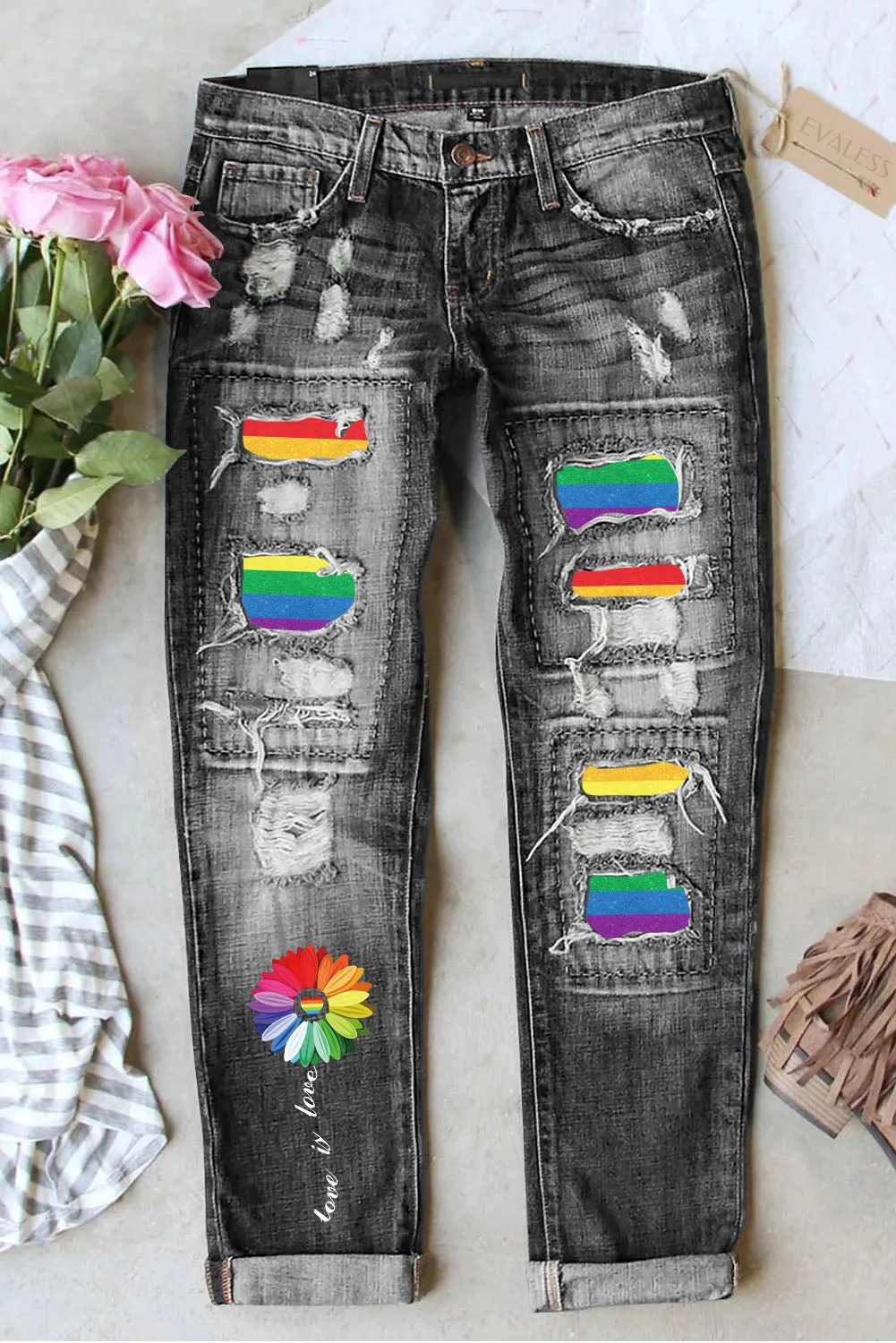 Womens Ripped Rainbow Striped Jeans Patchwork Jeans Destroyed Denim Pants