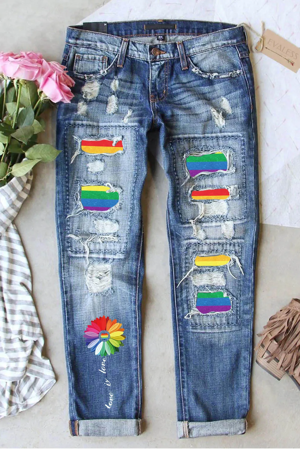 Womens Ripped Rainbow Striped Jeans Patchwork Jeans Destroyed Denim Pants