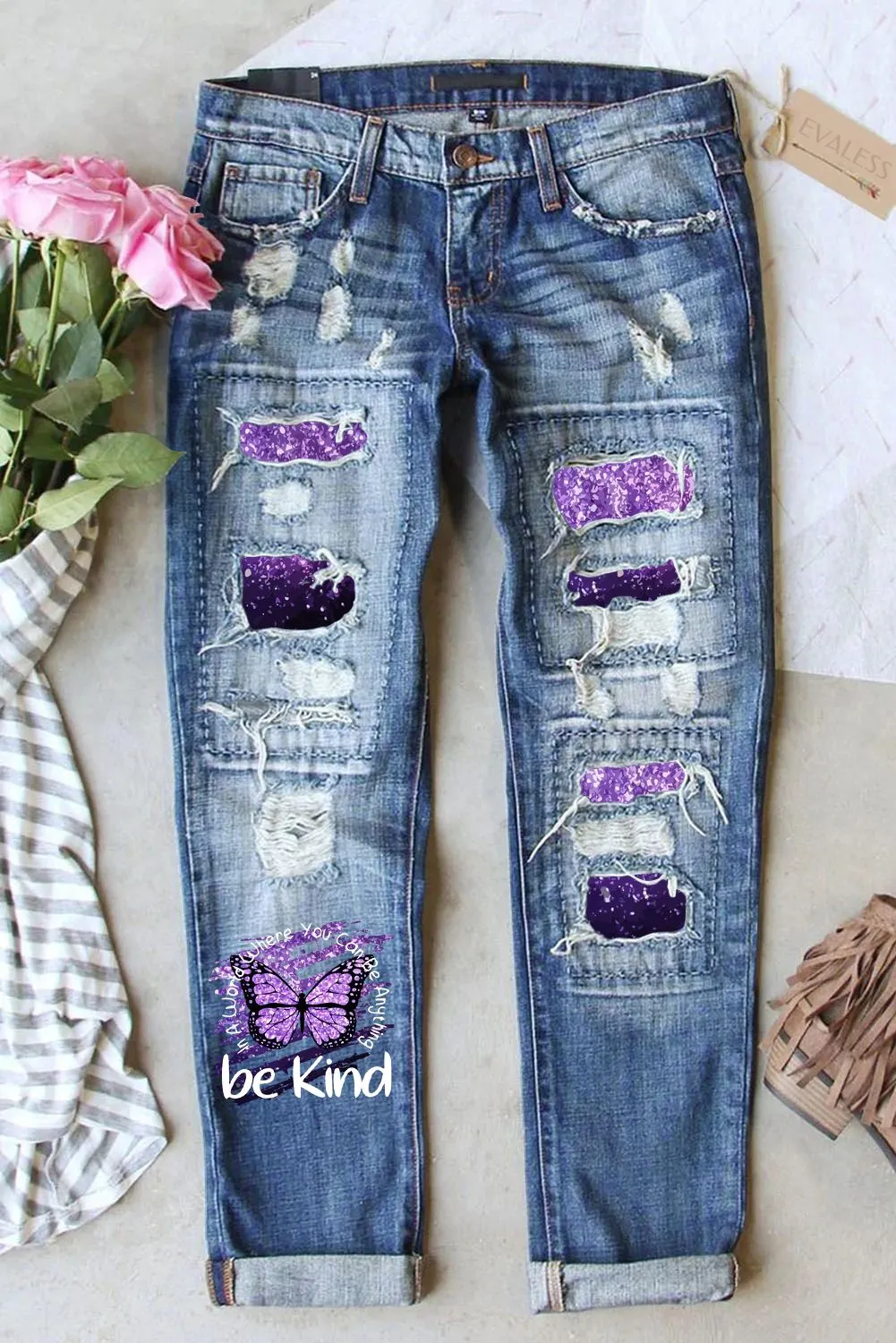 Women's Ripped Straight Leg Jeans Butterfly Patchwork Denim Pants