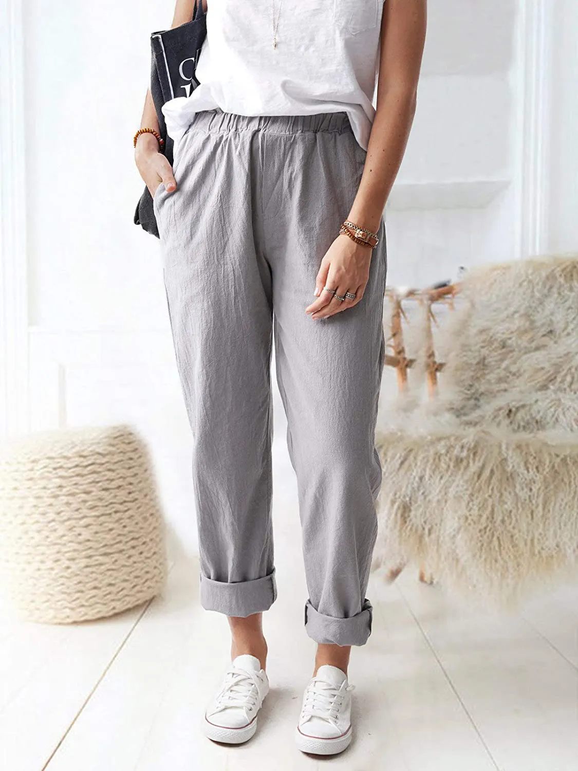 Women's Straight Pants Elastic Waist Casual Trousers Pants with Pockets