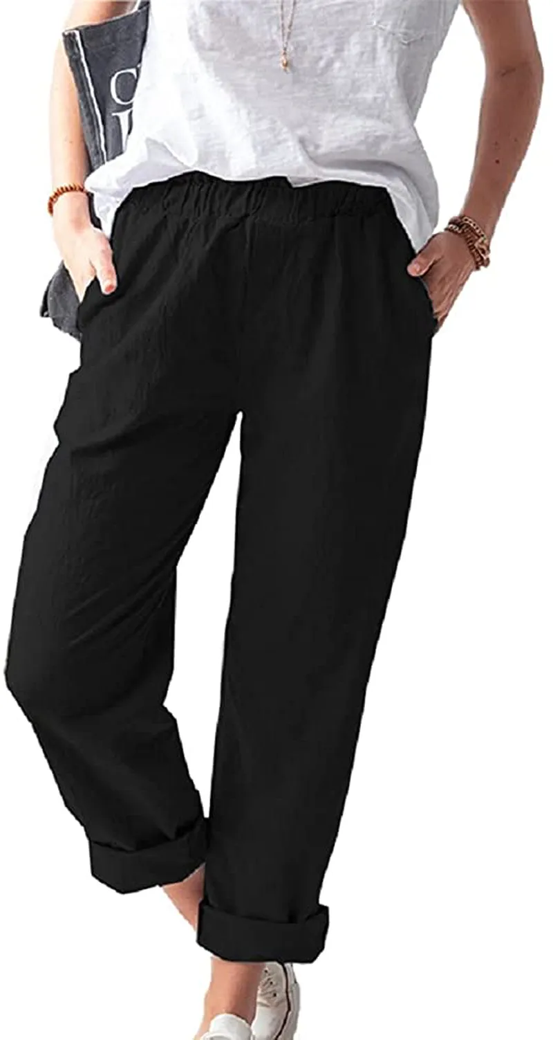 Women's Straight Pants Elastic Waist Casual Trousers Pants with Pockets