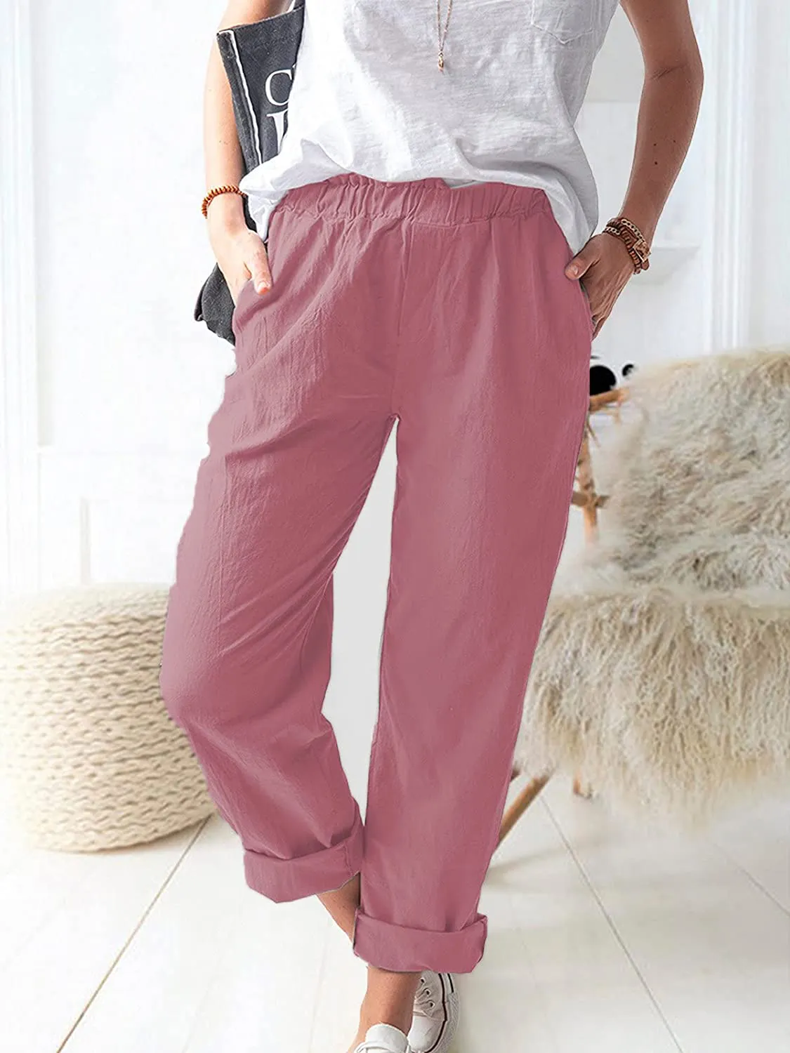 Women's Straight Pants Elastic Waist Casual Trousers Pants with Pockets