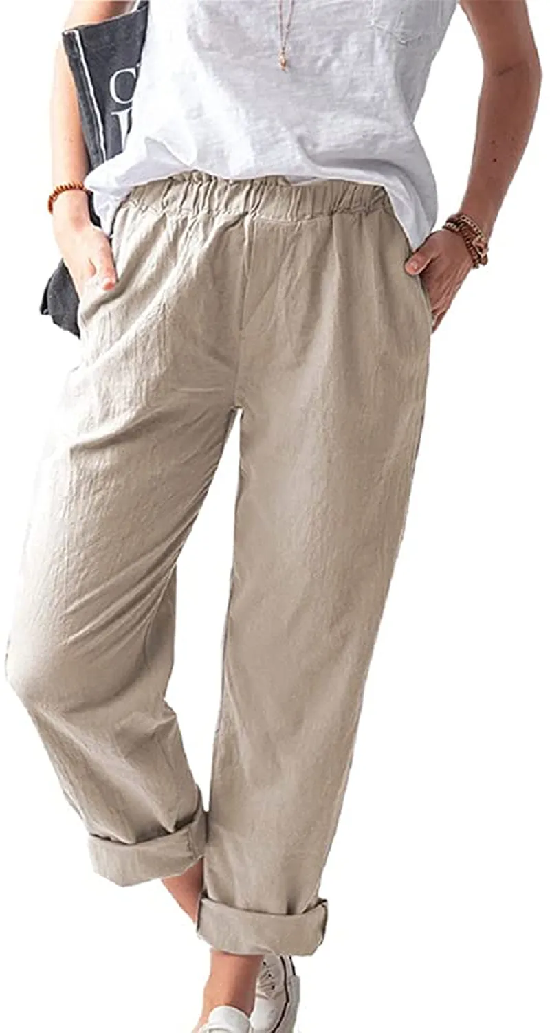 Women's Straight Pants Elastic Waist Casual Trousers Pants with Pockets