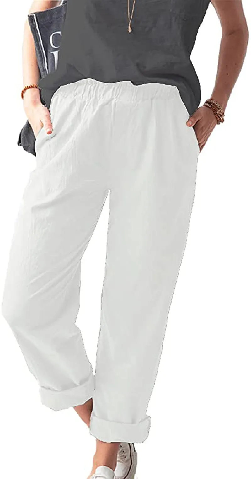 Women's Straight Pants Elastic Waist Casual Trousers Pants with Pockets