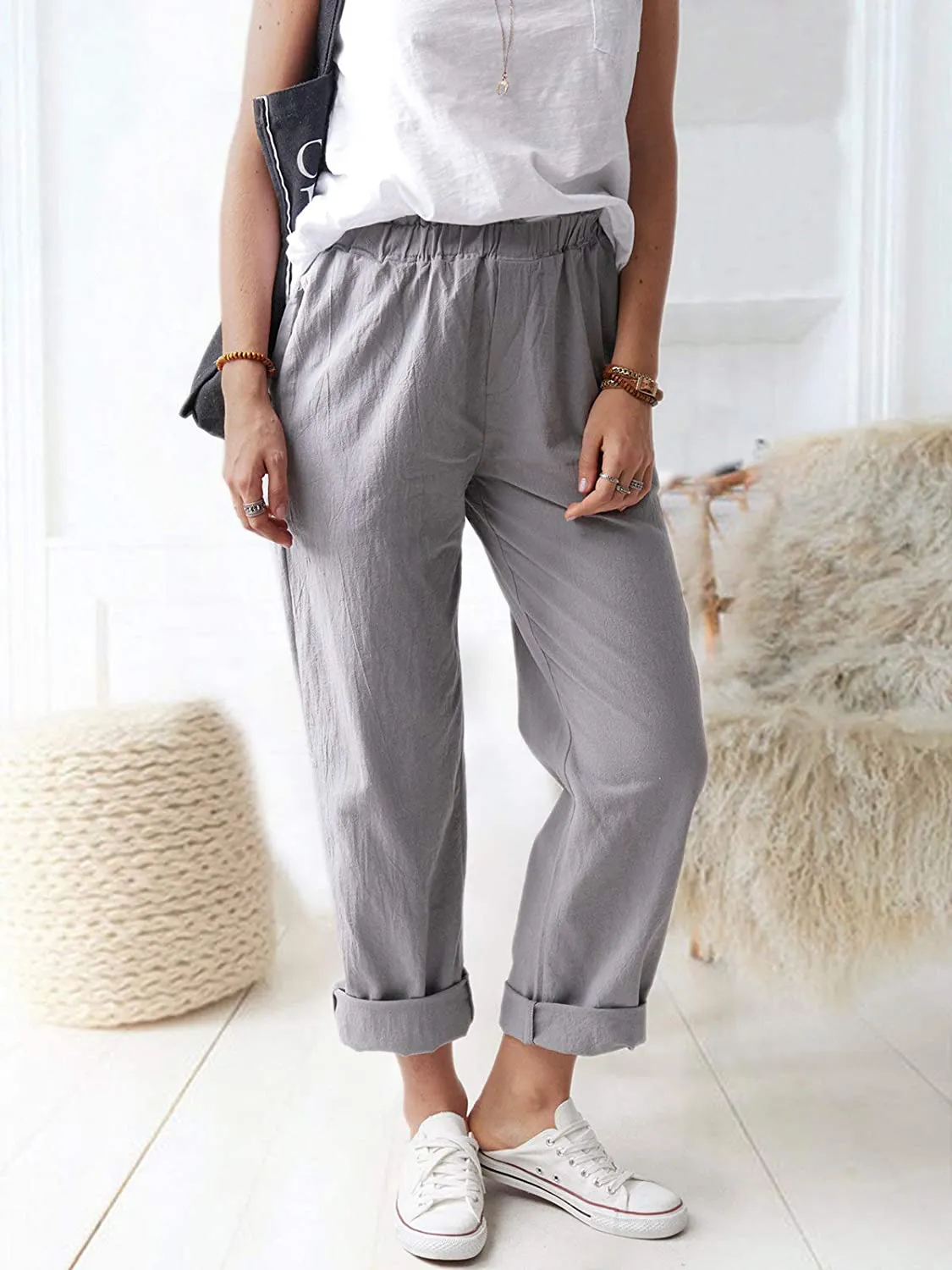 Women's Straight Pants Elastic Waist Casual Trousers Pants with Pockets