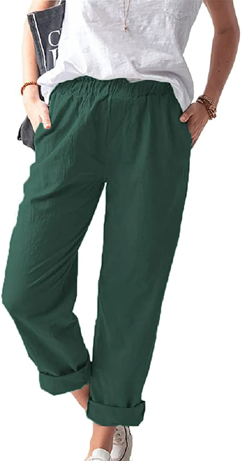 Women's Straight Pants Elastic Waist Casual Trousers Pants with Pockets