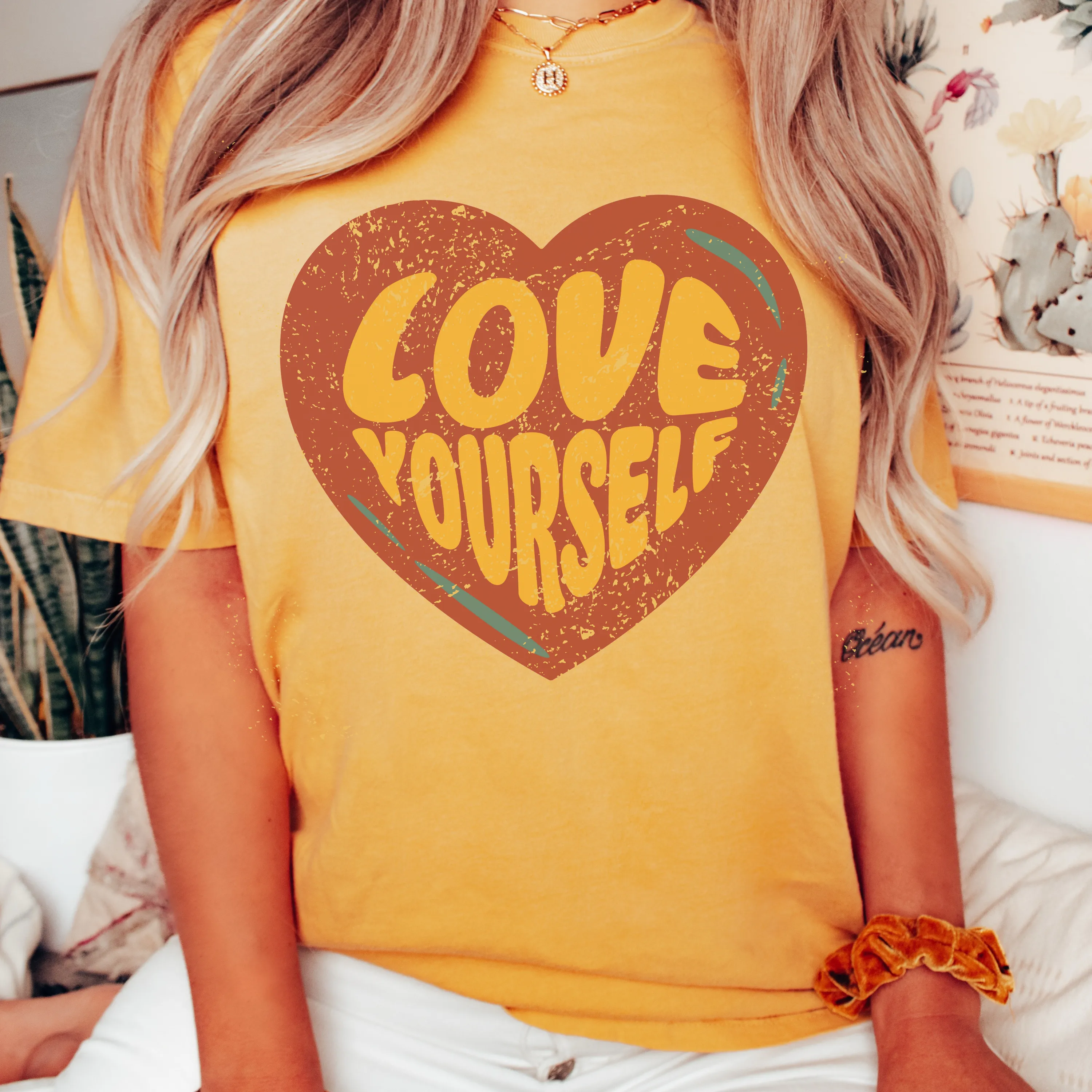 Women's Valentine's Day Comfort Colors® Unisex-Size Trendy Retro Love Yourself Design T-Shirt in Mustard, Yam, White and Sage