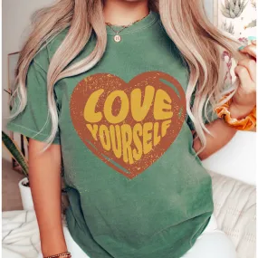 Women's Valentine's Day Comfort Colors® Unisex-Size Trendy Retro Love Yourself Design T-Shirt in Mustard, Yam, White and Sage