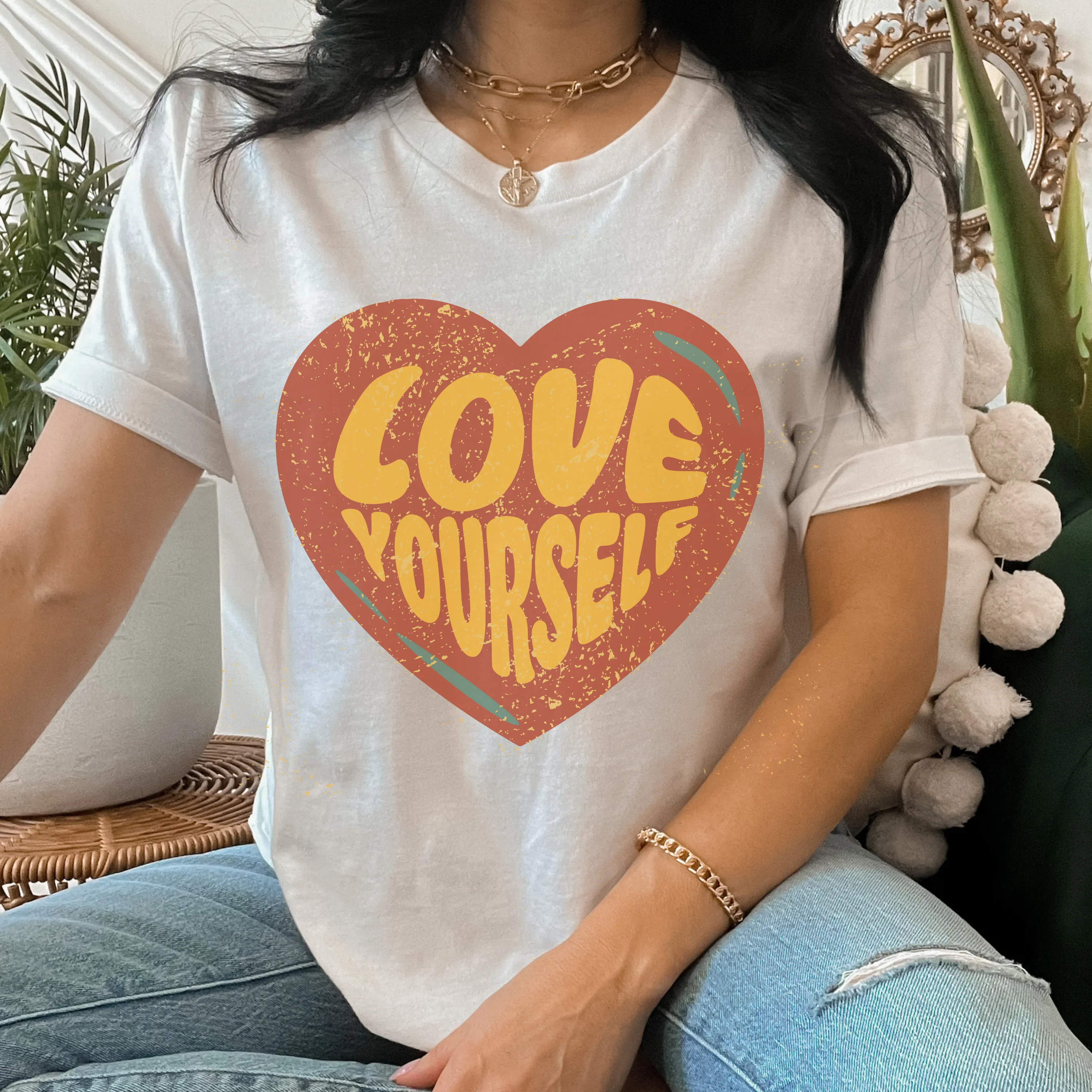 Women's Valentine's Day Comfort Colors® Unisex-Size Trendy Retro Love Yourself Design T-Shirt in Mustard, Yam, White and Sage