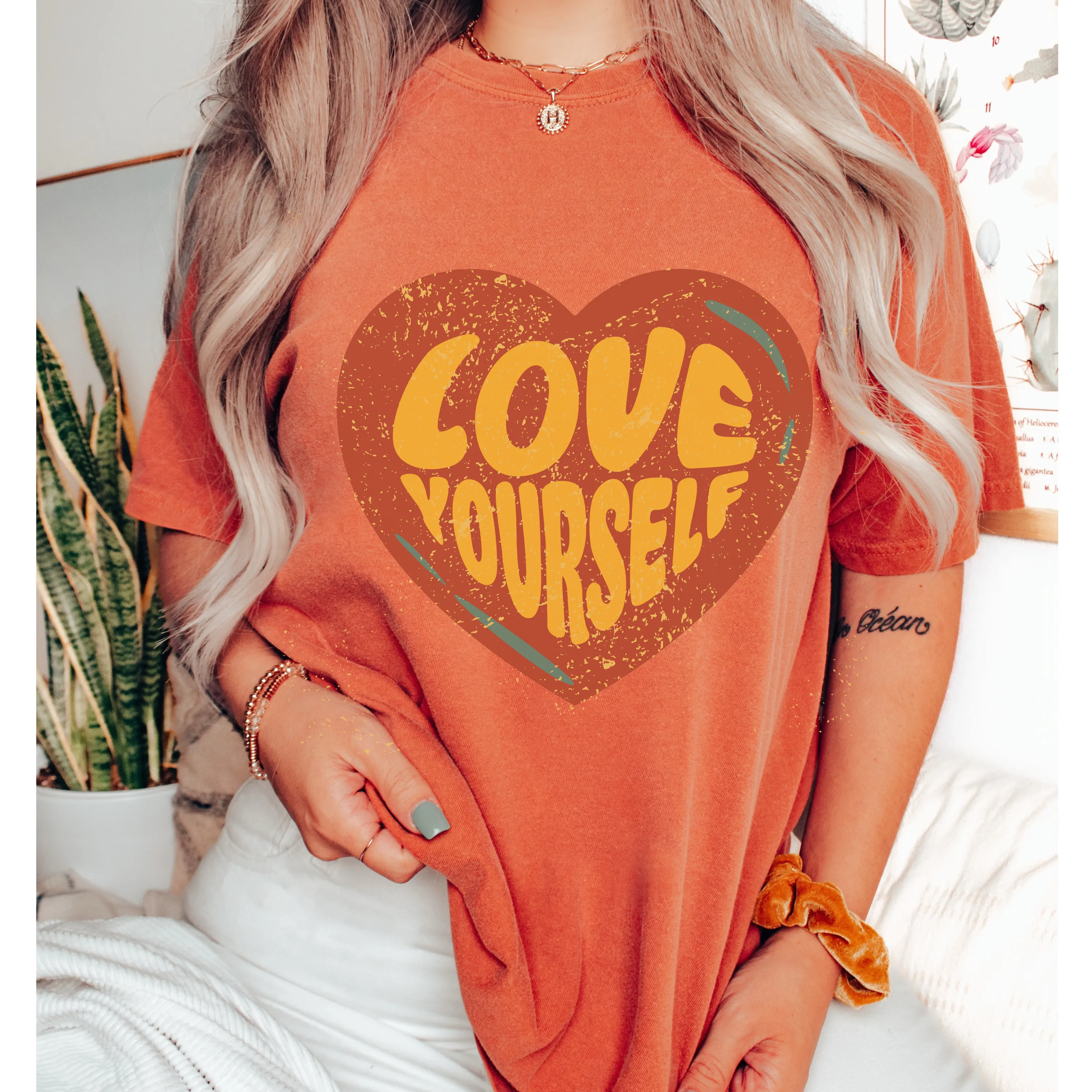 Women's Valentine's Day Comfort Colors® Unisex-Size Trendy Retro Love Yourself Design T-Shirt in Mustard, Yam, White and Sage