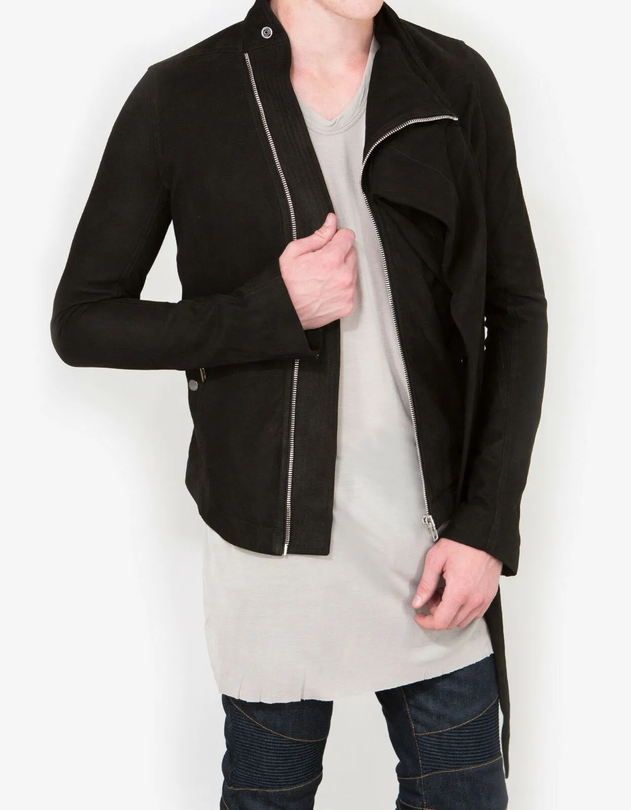 Wrap Bomber Black Nubuck Leather Jacket