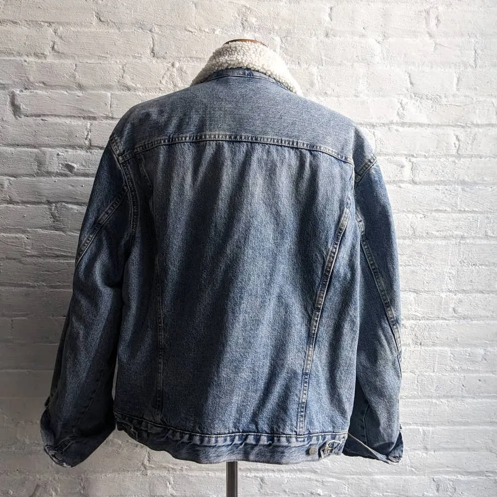 Y2K Vintage Denim 70s style Distressed Sherpa Bomber Aviator Thermal Jean Jacket