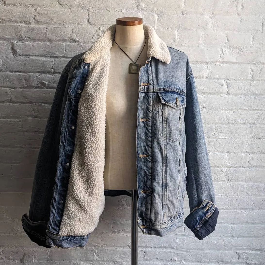 Y2K Vintage Denim 70s style Distressed Sherpa Bomber Aviator Thermal Jean Jacket