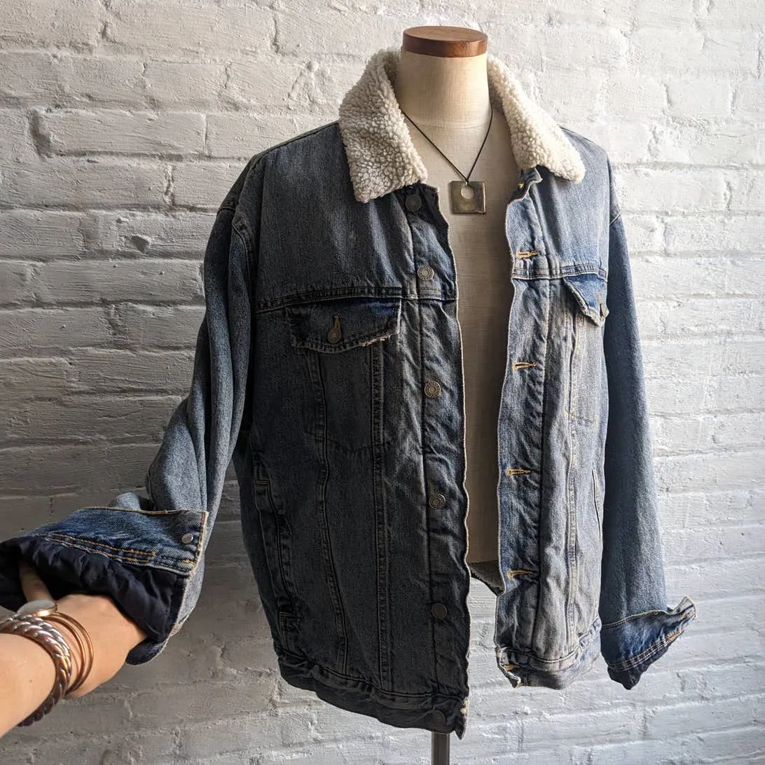 Y2K Vintage Denim 70s style Distressed Sherpa Bomber Aviator Thermal Jean Jacket