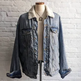 Y2K Vintage Denim 70s style Distressed Sherpa Bomber Aviator Thermal Jean Jacket