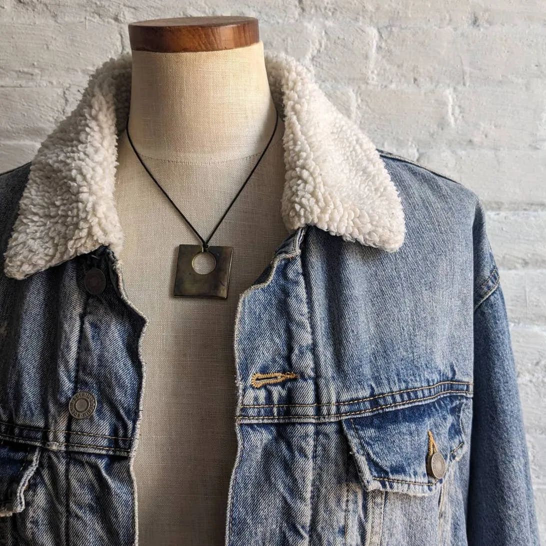 Y2K Vintage Denim 70s style Distressed Sherpa Bomber Aviator Thermal Jean Jacket